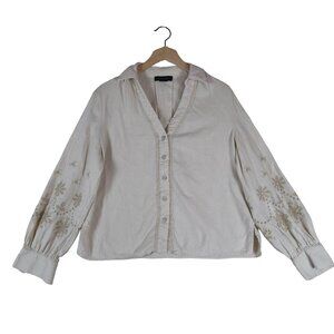 Tahari Linen Blend Embroidered Balloon Sleeve Blouse L Boho Cottagecore